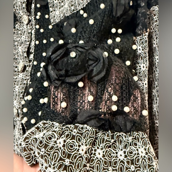 POL Eyelet Flower Pearl Detail Lace Patchwork Shirt or Shacket. - Picture 8 of 12